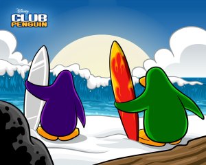 Here is Club Penguin's newest backround, two surfers at the cove.
